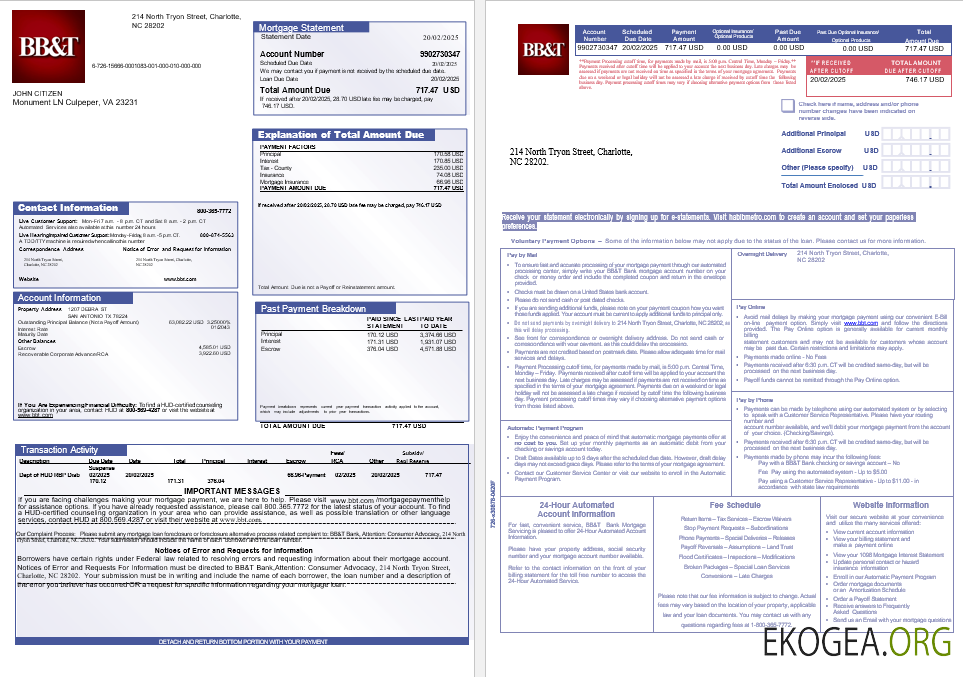 Relevé d'hypothèque bancaire USA BB&T Corp. aux formats Word et PDF, 3 pages 1 , 2